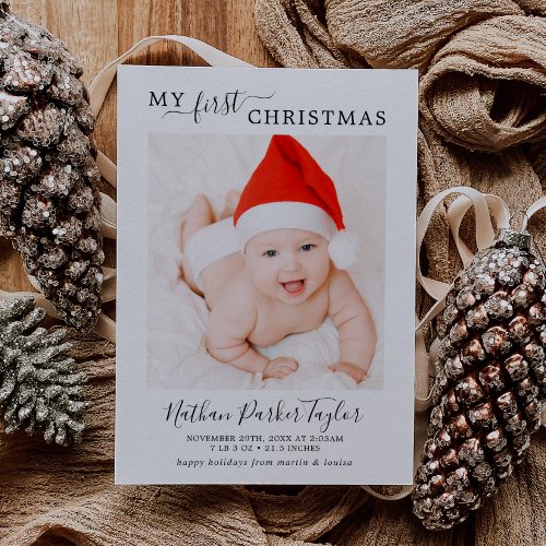 Minimalist My First Christmas Baby Birth Photo Holiday Card