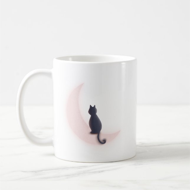 Minimalist Mystery Charm Crescent Moon Cat Pink Coffee Mug (Left)