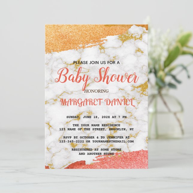 Minimalist Name Customize White Marble Baby Shower Invitation (Standing Front)