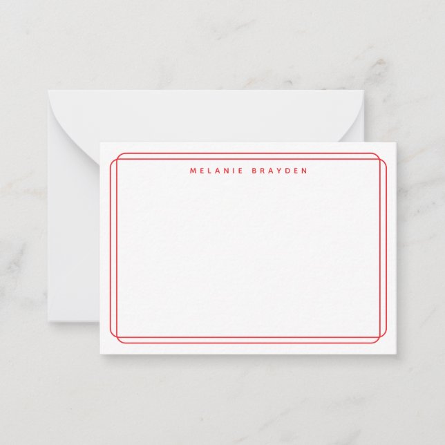 Minimalist Name Red Double Curve Border Note Card (Front)