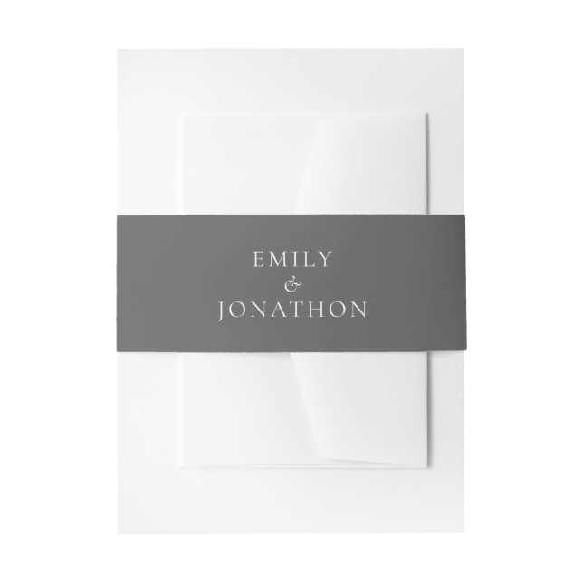 Minimalist Names White Writing on Grey Wedding Invitation Belly Band (Front Example)
