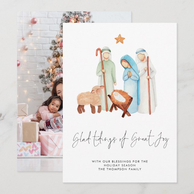 Minimalist Nativity Glad Tidings Great Joy Photo Holiday Card (Front/Back)