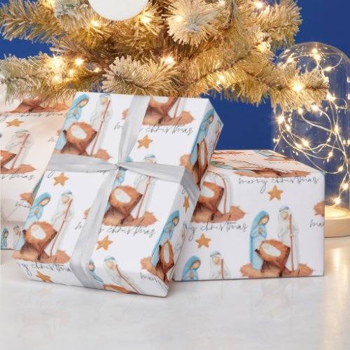 Minimalist Nativity Pattern Script Merry Christmas Wrapping Paper
