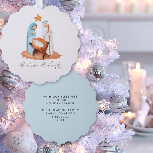 Minimalist Nativity Scene All Is Calm Christmas Ornament Card
