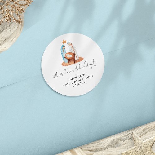 Minimalist Nativity Scene All Is Calm Name Classic Round Sticker