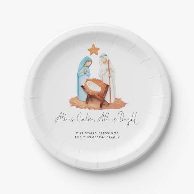 Minimalist Nativity Scene All Is Calm Name Paper Plates (Front)