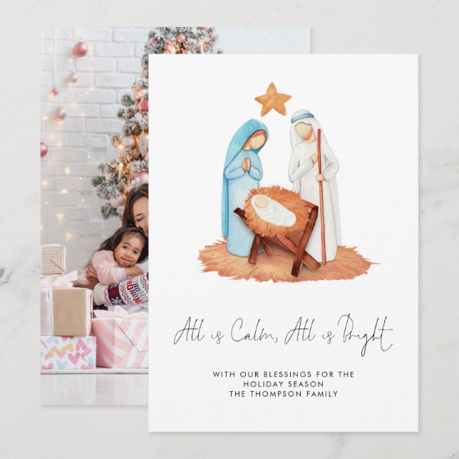 Minimalist Nativity Scene All Is Calm Photo Holiday Card (Front/Back)