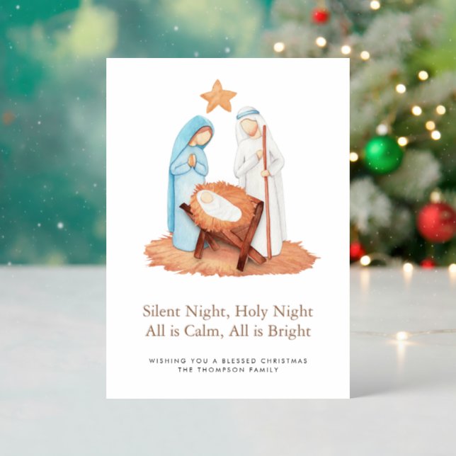 Minimalist Nativity Scene Silent Night Christmas  Letterpress Photo Cards (Front (Into))