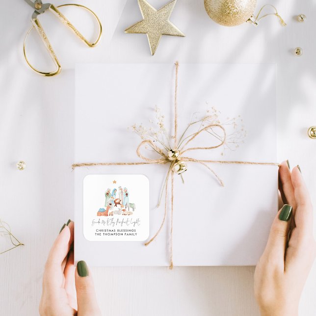 Minimalist Nativity Scene Three Kings Lyric Name Square Sticker (Mary Joseph Baby Jesus and 3 Kings Nativity Set of Gift Stickers )