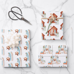 Minimalist Nativity Scenes Pattern Christmas Wrapping Paper Sheets