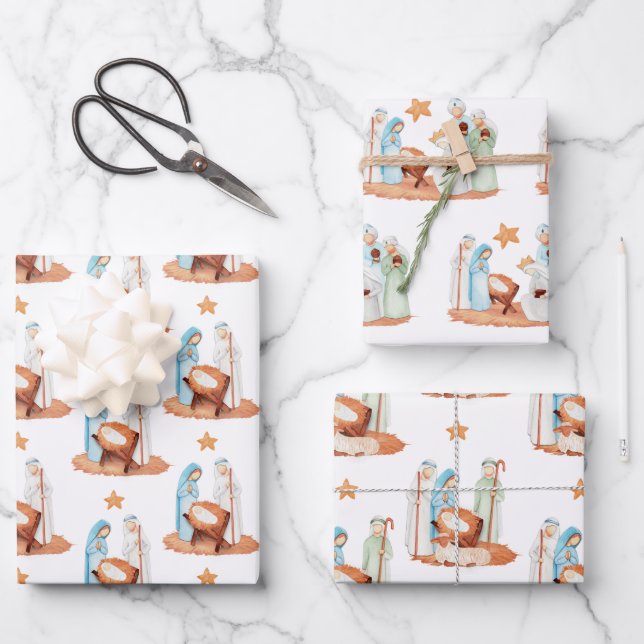 Minimalist Nativity Scenes Patterns Christmas Wrapping Paper Sheets (Front)