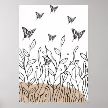 Minimalist Nature Sketch with Butterflies Wall Art