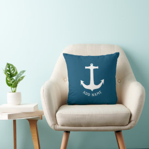 Minimalist Nautical Anchor Ocean Blue Throw Pillow