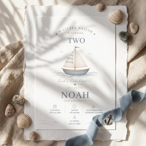 Minimalist Nautical Birthday Blue Sailboat Coastal Invitation