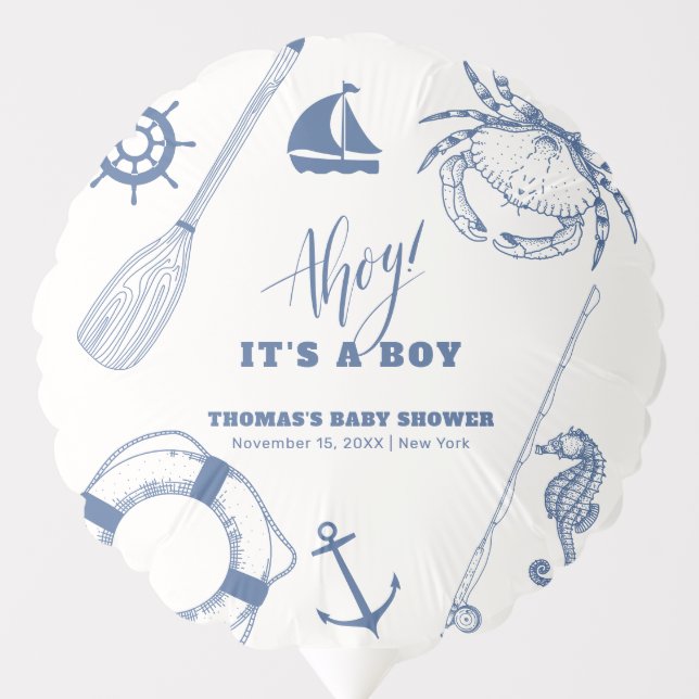 Minimalist Nautical Fishing Boy Baby Shower Balloon (Front)