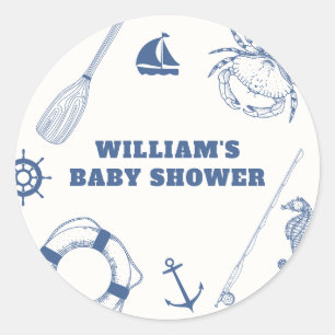 Minimalist Nautical Fishing Boy Baby Shower Classic Round Sticker