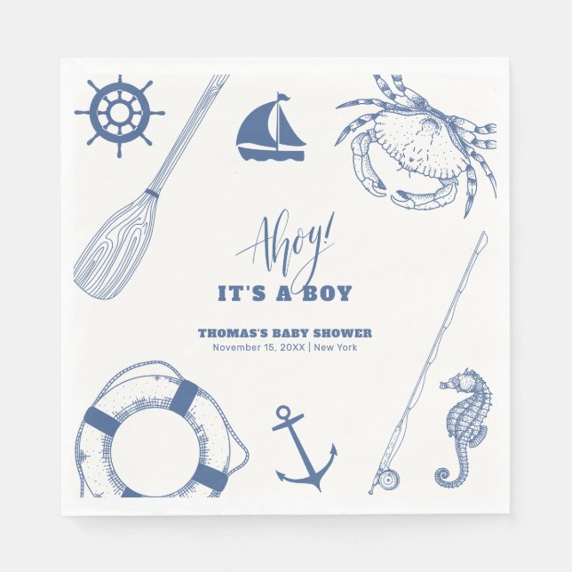 Minimalist Nautical Fishing Boy Baby Shower Napkins (Front)