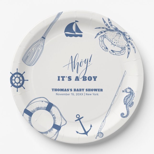 Minimalist Nautical Fishing Boy Baby Shower Paper Plates (Front)