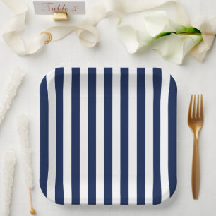 Minimalist Nautical Navy Blue And White Stripes Paper Plates