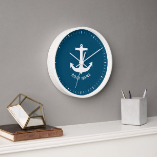 Minimalist Nautical Ocean Blue Boat Name Clock