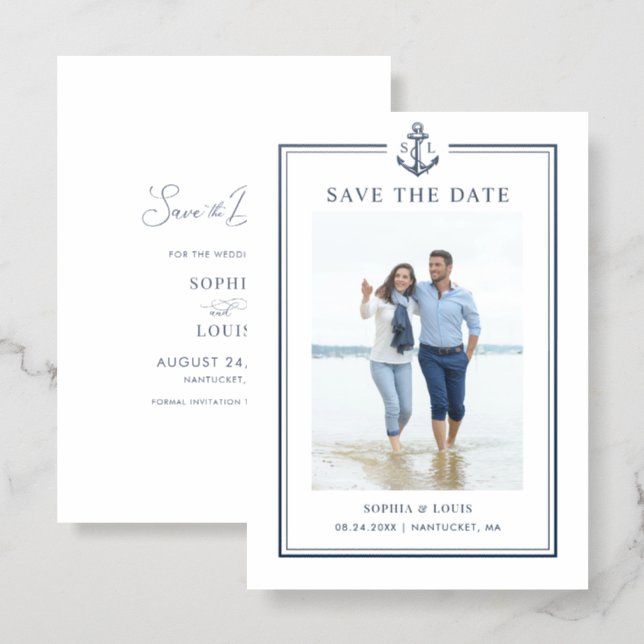 Minimalist Nautical Wedding Photo Save the Date Letterpress Photo Cards (Front/Back)