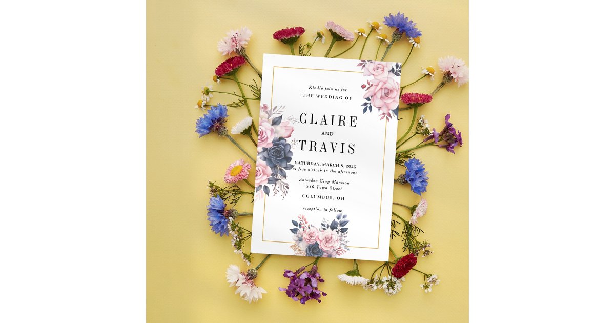Minimalist Navy and Blush Floral Wedding Invitatio Invitation | Zazzle