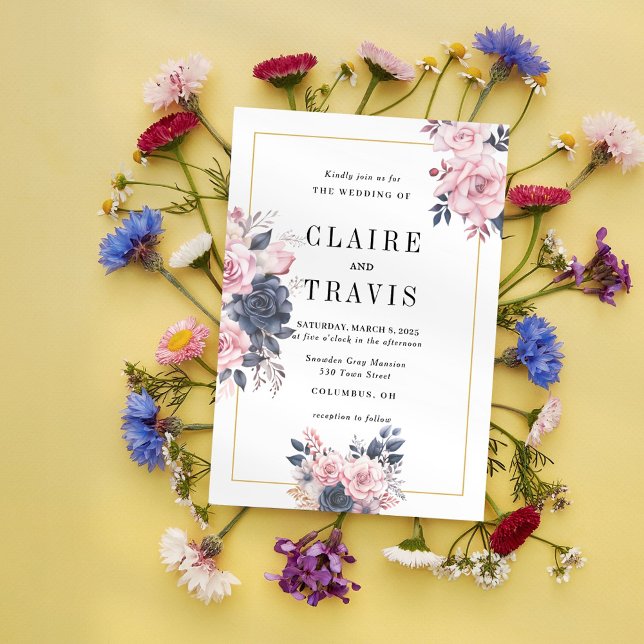 Minimalist Navy and Blush Floral Wedding Invitatio Invitation (Creator Uploaded)