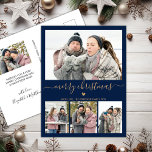 Minimalist Navy and Gold 4 Photo Collage Christmas Postcard<br><div class="desc">Elegant, Minimalist, Modern Navy and Gold 4 Photo Collage Merry Christmas Script Holiday Postcard. This festive, minimal four (4) photo holiday card template features a pretty photo collage, a little doodle heart and says Merry Christmas! The „Merry Christmas” greeting text is written in a beautiful gold hand lettered typography swash-tail...</div>