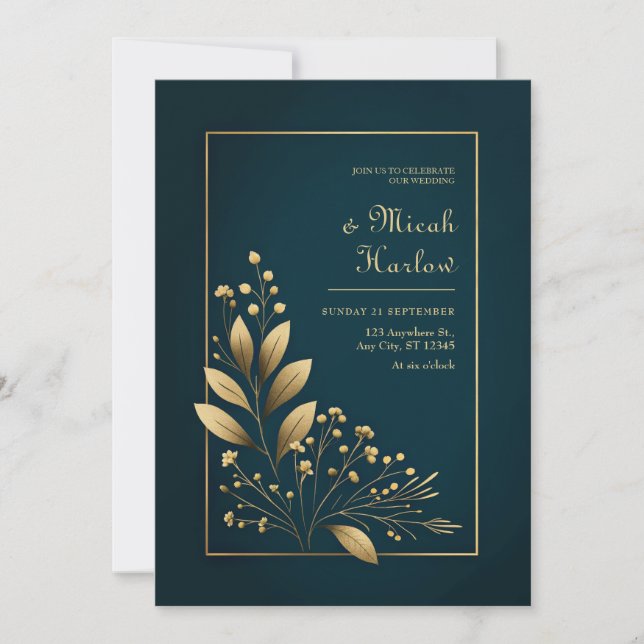 Minimalist Navy and Gold Botanical Wedding Invitation (Front)