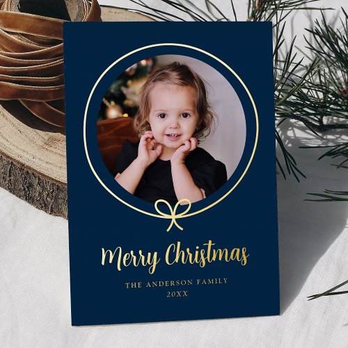 Minimalist Navy and Gold Ribbon Photo Foil Holiday Card