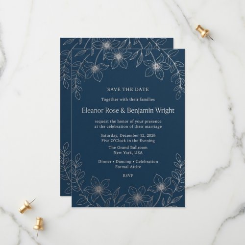 Minimalist Navy and Silver Floral Save the Date Ca