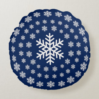 Minimalist Navy and White Snowflakes Mandala Xmas Round Pillow