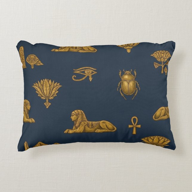 Minimalist Navy & Antique Gold Egyptian Pattern Accent Pillow (Front)