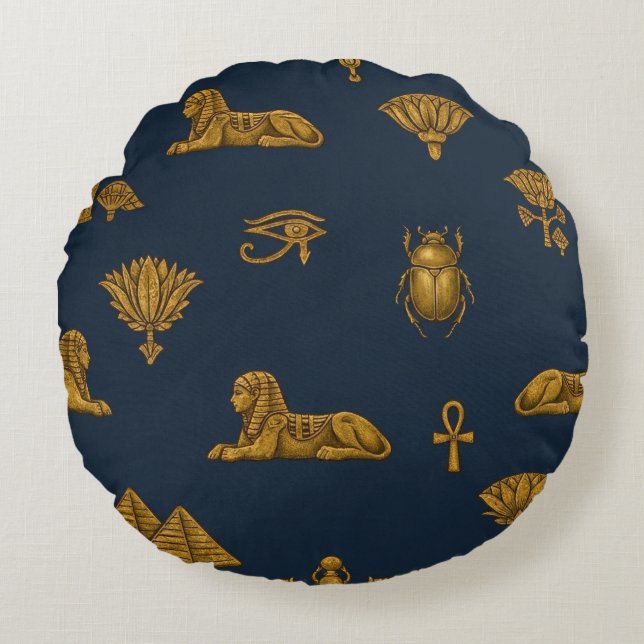 Minimalist Navy & Antique Gold Egyptian Pattern Round Pillow (Front)