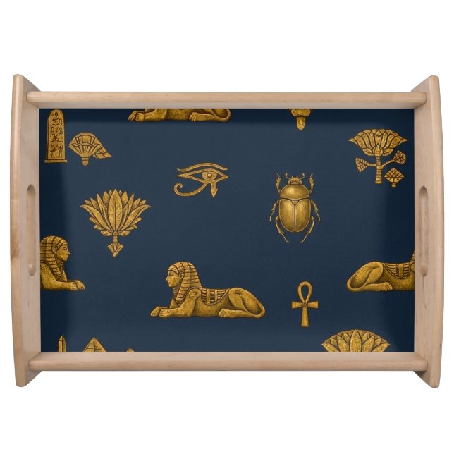 Minimalist Navy & Antique Gold Egyptian Pattern Serving Tray (Front)