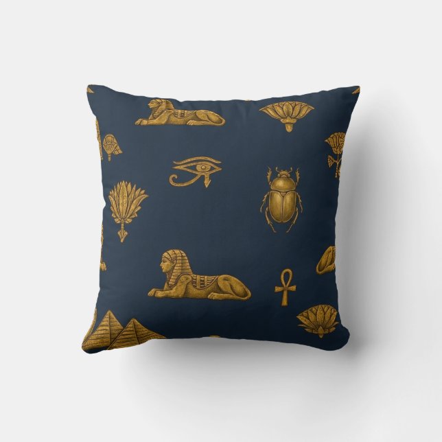 Minimalist Navy & Antique Gold Egyptian Pattern Throw Pillow (Back)