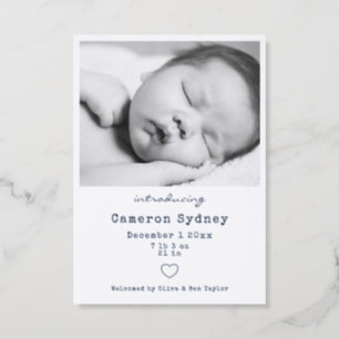 Minimalist Navy Baby Birth Stats Heart Simple Letterpress Photo Cards