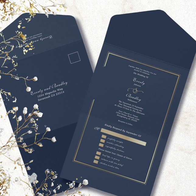 Minimalist Navy Background Gold Frame Wedding  All In One Invitation (Creator Uploaded)