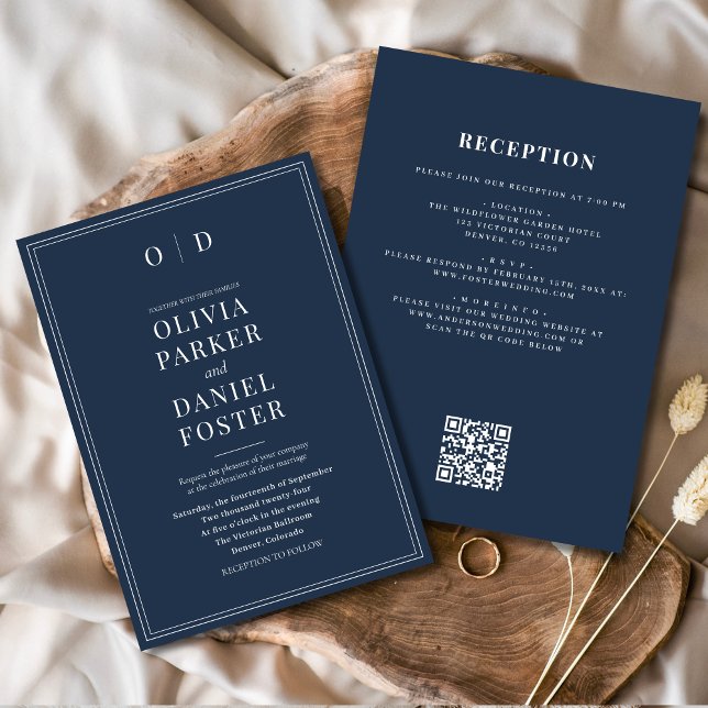 Minimalist Navy Blue All in One QR Code Wedding Invitation (Creator Uploaded)