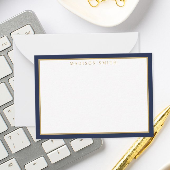 Minimalist Navy Blue and Gold Monogram Note Card (Creator Uploaded)