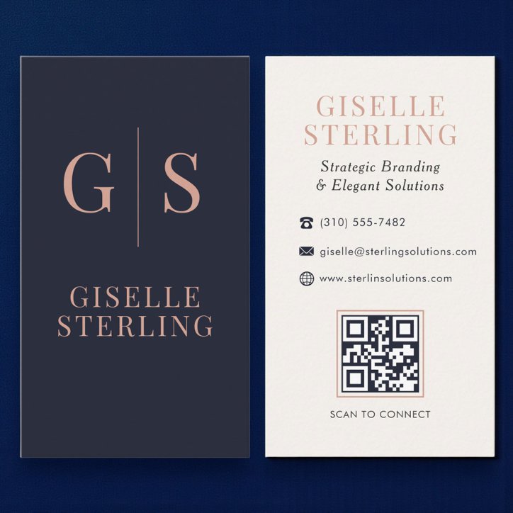 Minimalist Navy Blue And Rose Gold QR Code Business Card