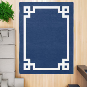 Minimalist Navy Blue and White Greek Key Border Rug