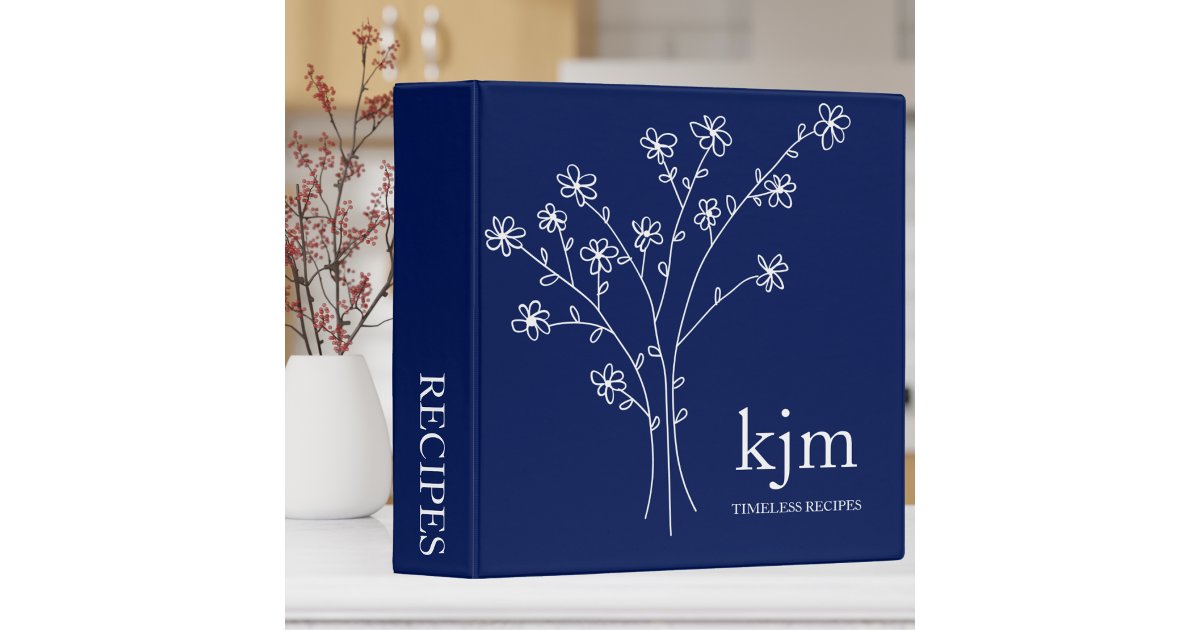 Minimalist Navy Blue and White Monogram Recipe 3 Ring Binder | Zazzle
