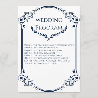 Minimalist Navy Blue and White Wedding Program