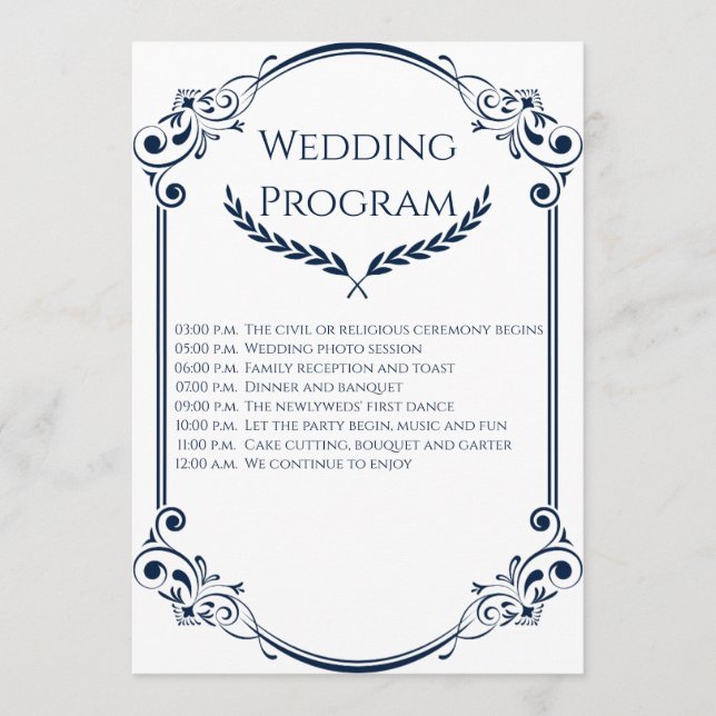 Minimalist Navy Blue and White Wedding Program (Front)