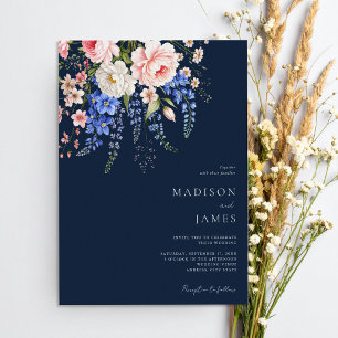 Minimalist Navy Blue Boho Wildflower Wedding Invitation