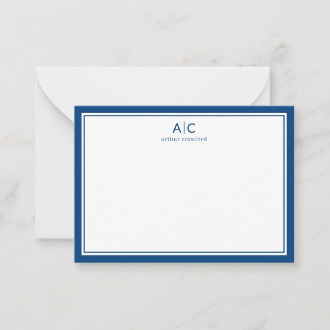 Minimalist Navy Blue Border Modern 2 Monogram Name Note Card (Front)