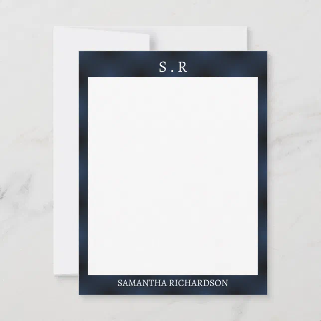 Minimalist Navy Blue Border Monogram Note Card | Zazzle