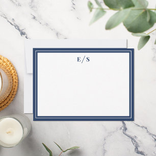 Minimalist Navy Blue Border Monogram Note Card