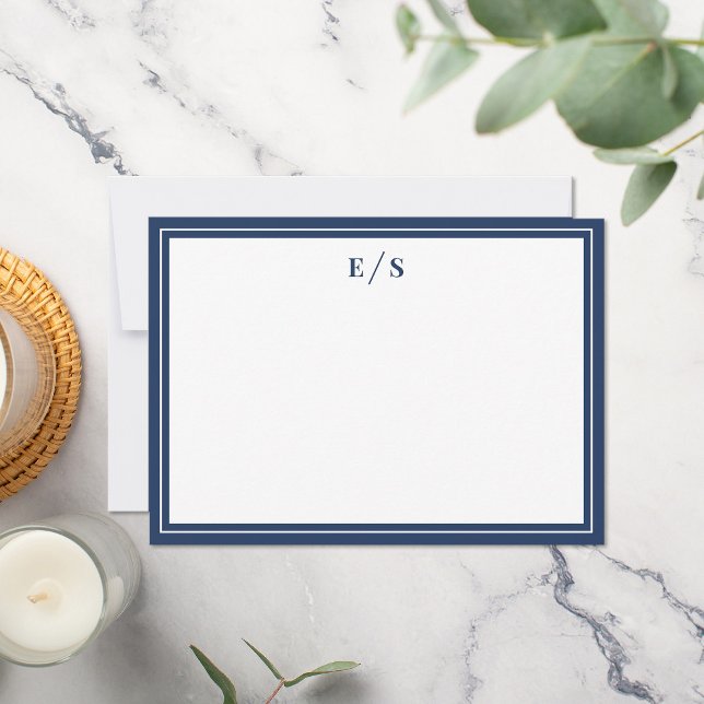 Minimalist Navy Blue Border Monogram Note Card (Creator Uploaded)